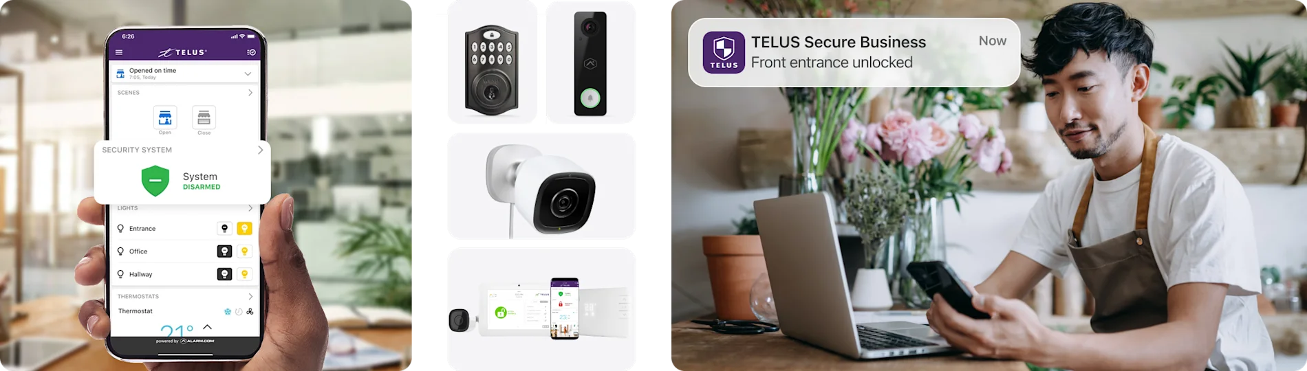 Phone showcasing the TELUS Secure Business app. A badge reading “Holiday Deals”