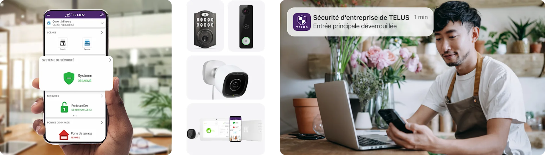 Téléphone présentant l'application Sécurité d'entreprise de TELUS. Pastille indiquant « Offres des Fetes ».