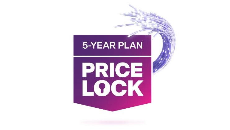 An image featuring the TELUS 5-year Internet rate plan price lock logo in a purple and pink gradient banner.