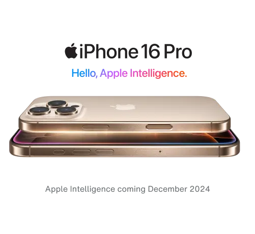 Two stacked iPhone 16 Pros in Desert Titanium lie horizontally. Above is a logo that reads “iPhone 16 Pro – Hello, Apple Intelligence.” and below is a disclaimer that reads “Apple Intellligence coming December 2024”.