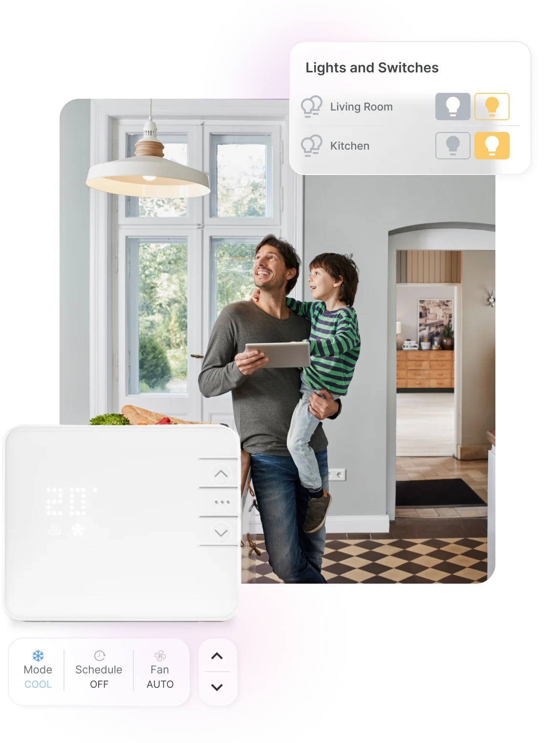 A father and son hold a tablet, shown alongside a smart thermostat and icons showcasing how to control temperature and lights from an app.