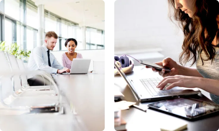 A collage of two pictures; the first of two people looking at laptop screen on a conference table, the second of someone working with their laptop and smartphone