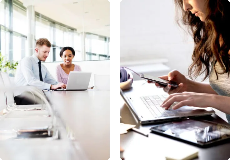 Un collage de deux photos; la première de deux personnes qui regarde l'écran d'un ordinateur portable sur une table de conférence, la deuxième d'une personne qui travaille sur son portable et avec son téléphone intelligent