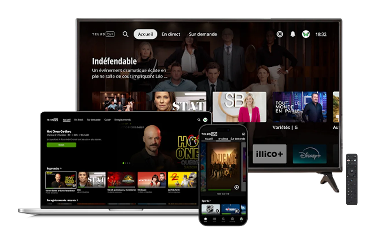 TELUS TV interface displayed across multiple devices: television, laptop, and smartphone.