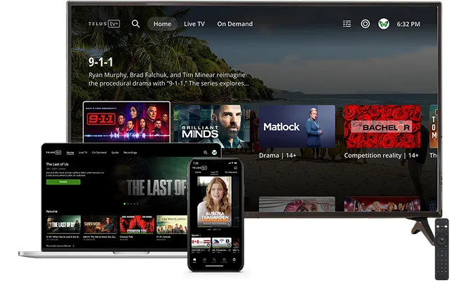 Optik TV interface displayed across multiple devices: television, laptop, and smartphone.