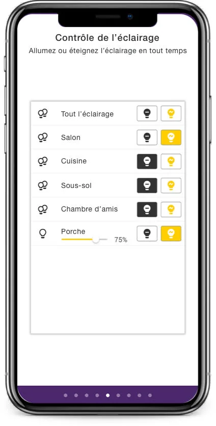 Écran de contrôle de l'éclairage de l'application Maison connectée