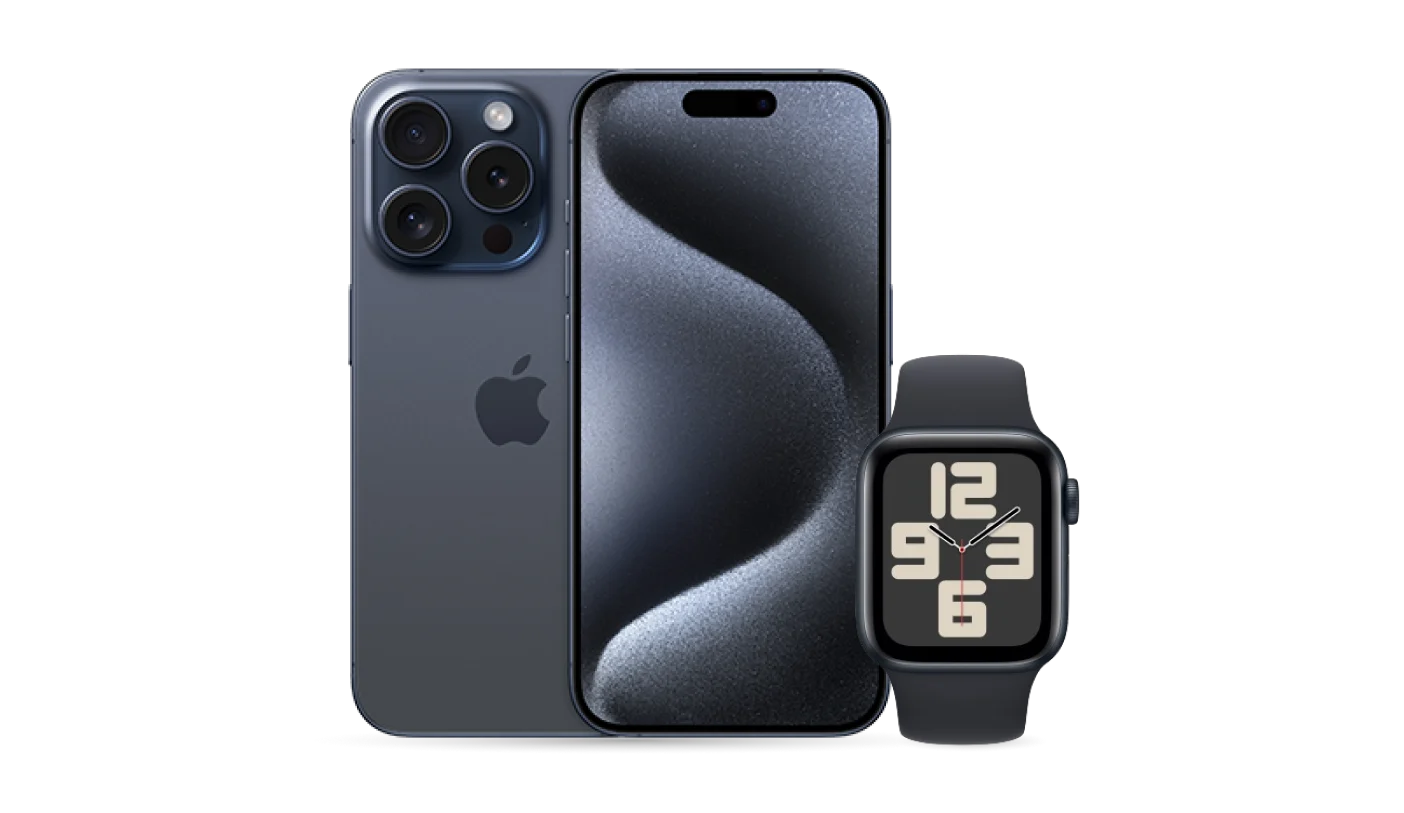The iPhone 15 Pro Max in Blue Titanium is shown alongside the Apple Watch Series 9 in a Midnight Aluminium Case with a Midnight Sport Band.