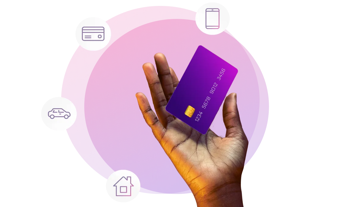  A hand holding a credit card with a purple backdrop featuring four icons: a house, a car, a credit card and a smartphone.  