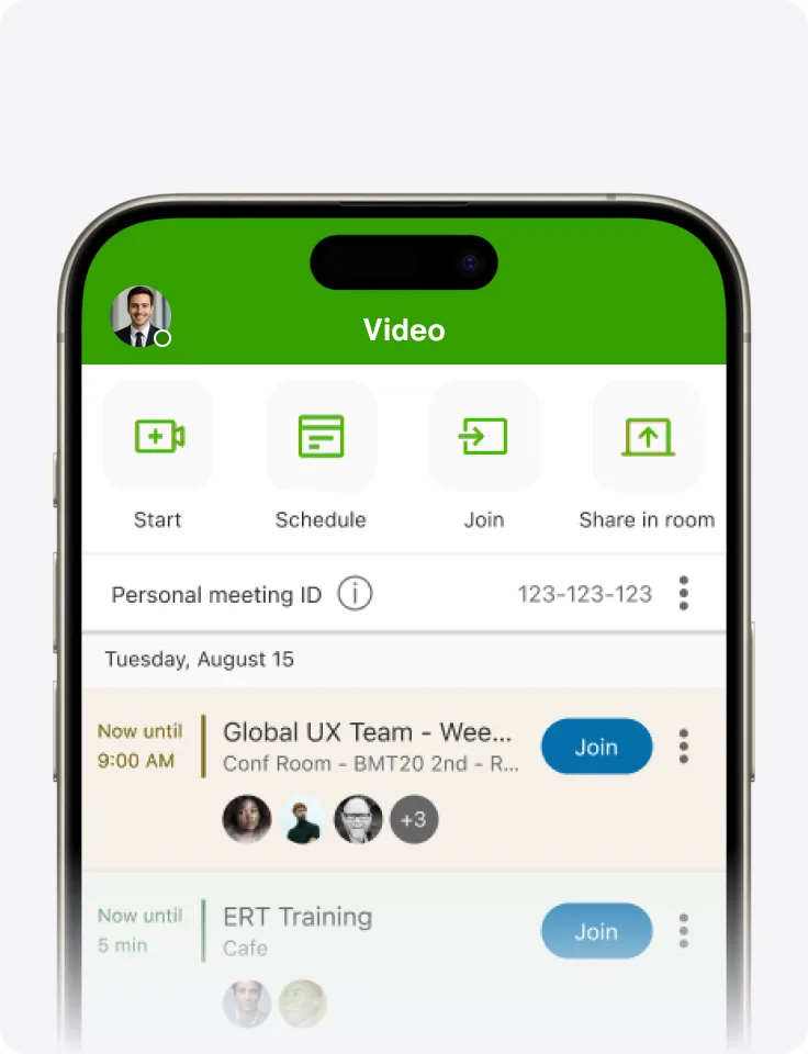 Phone screen showing meeting options and team calendar with events.