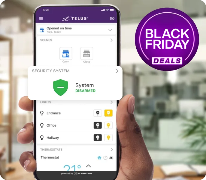 Phone showcasing the TELUS Secure Business app. A roundel reads "Black Friday Deals"