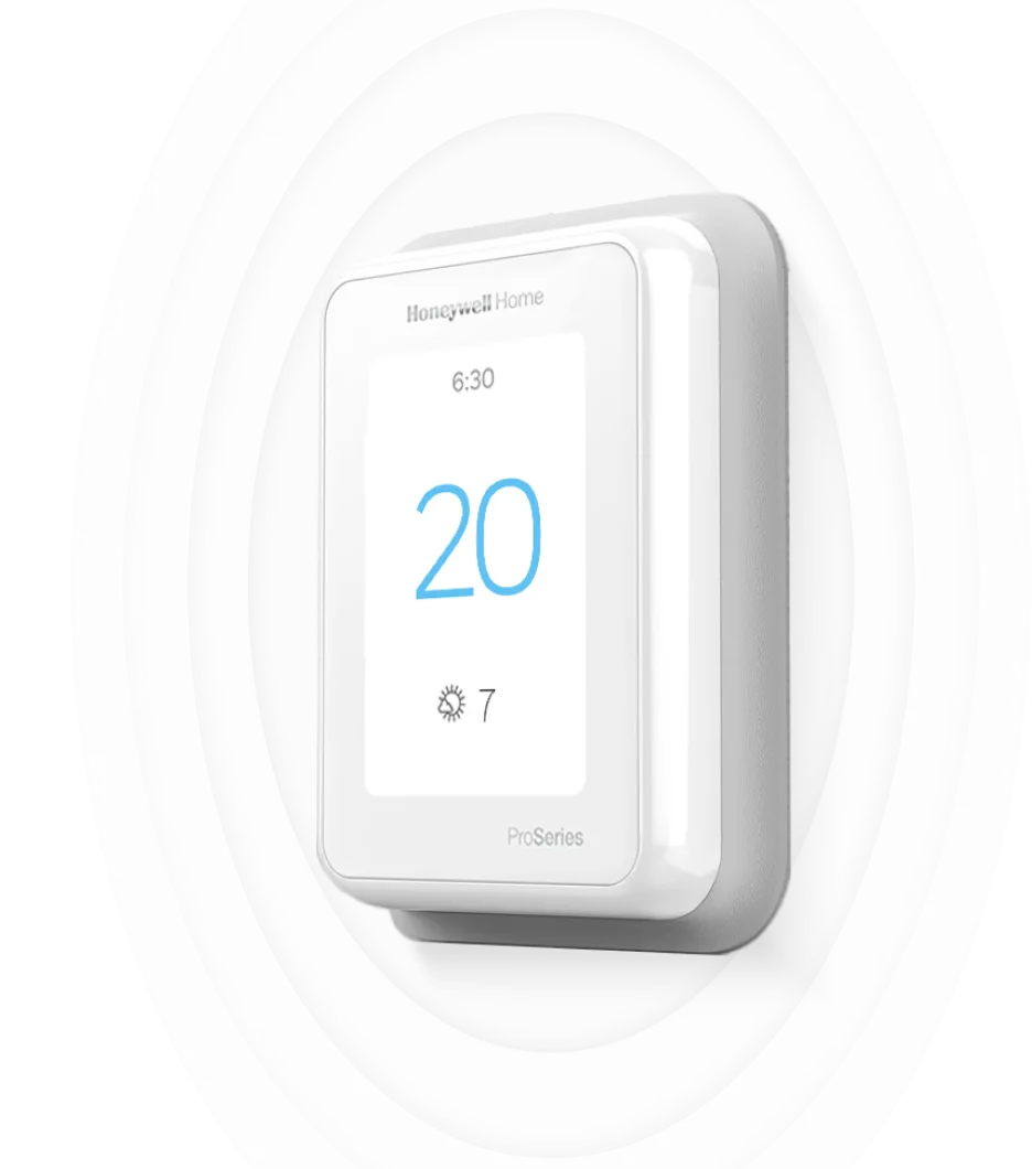 An image of a Honeywell Home ProSeries Smart Thermostat with LED screen displaying the time and indoor and desired temperatures.