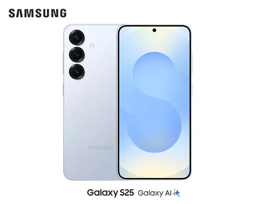 Front and back view of the Samsung Galaxy S25, powered by Galaxy AI.