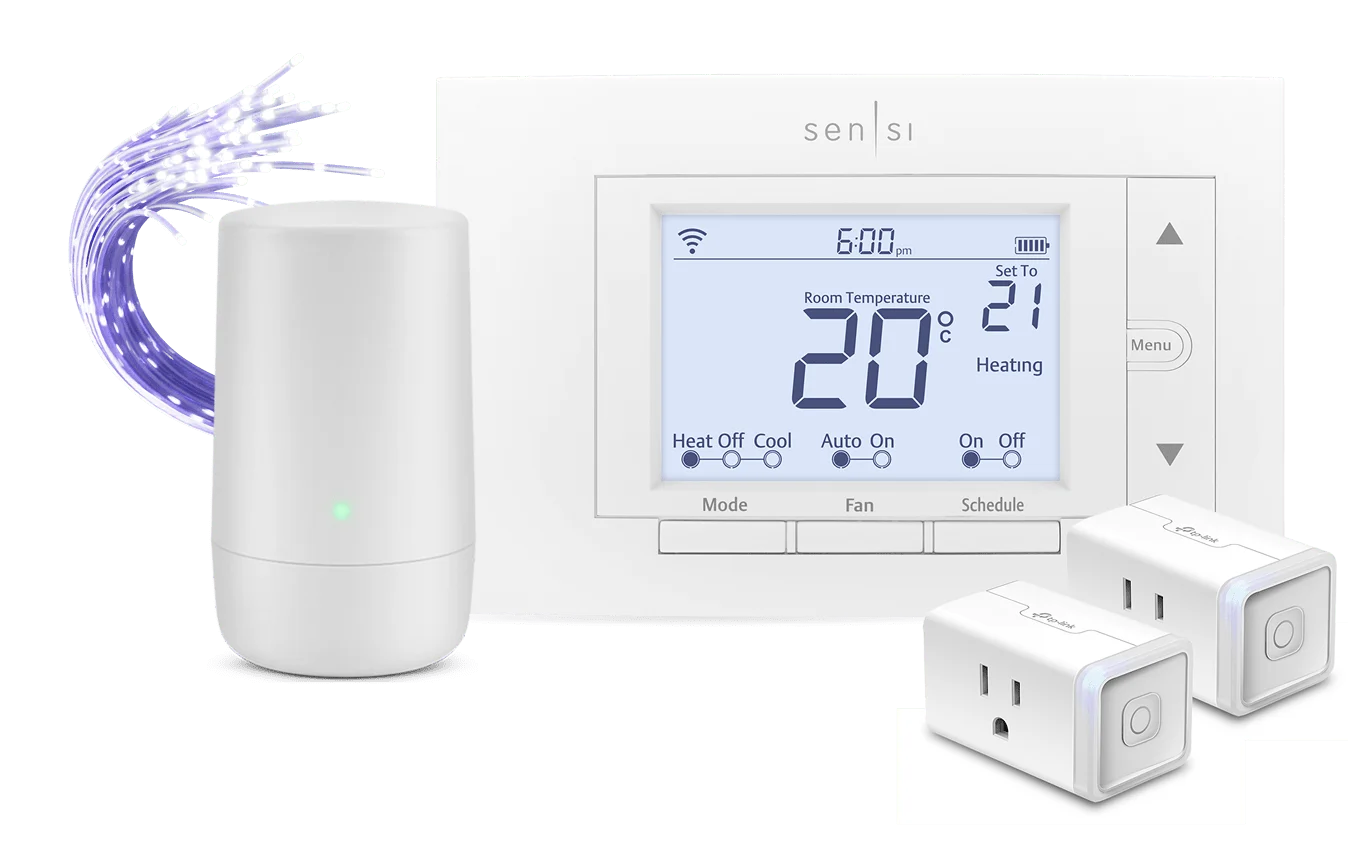 A TELUS Wi-Fi modem next to a Sensi Wifi Smart Thermostat and Kasa plugs bundle.