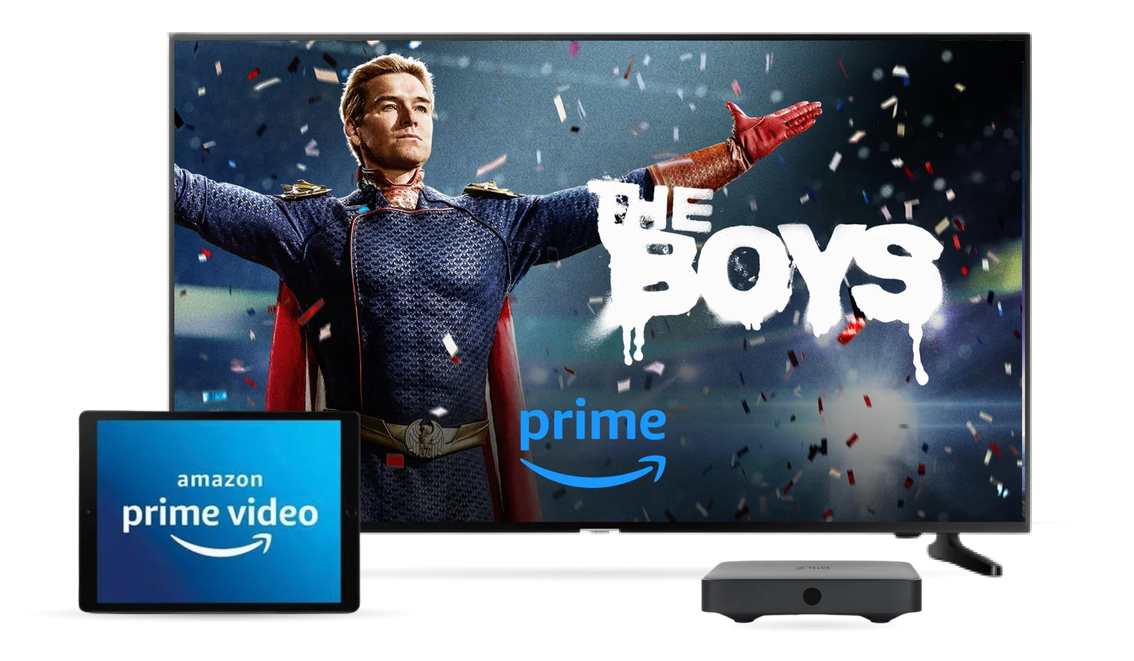 Amazon Prime, image shows amazon prime video on a tablet computer,  and a television with a poster for The Boys tv series.