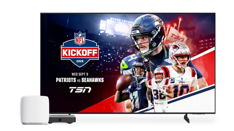 Flat-screen TV displaying the TSN 2026 NFL Kickoff promo, with a modem and streaming device set up beside it.