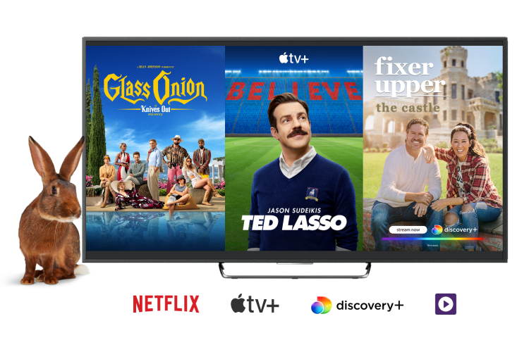 Un lapin et une télé montrant des émissions offertes avec EnContinu+ et les logos Netflix, Apple TV+, discovery+ et TELUS TÉLÉ+.