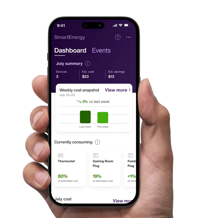A hand holding up a smarthome with the SmartHome+ app open.