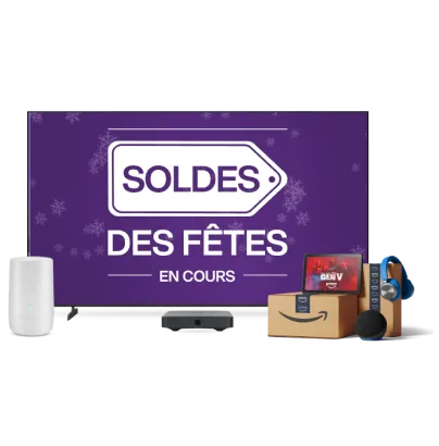 Une télévision, un modem TELUS, une tablette et des colis Amazon. L'écran de télévision affiche le texte « SOLDES DES FÊTES en cours ».
