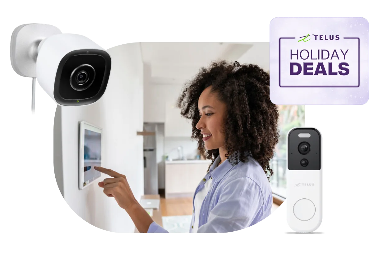 An image showing a woman using her SmartHome security device at home, It also displays various Smart camera models and a roundel that says 'Holiday Deals'.