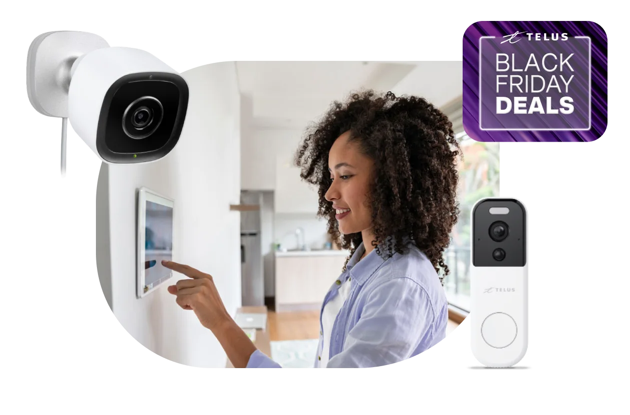 An image showing a woman using her SmartHome security device at home, It also displays various Smart camera models and a roundel that says 'Black Friday deals'.