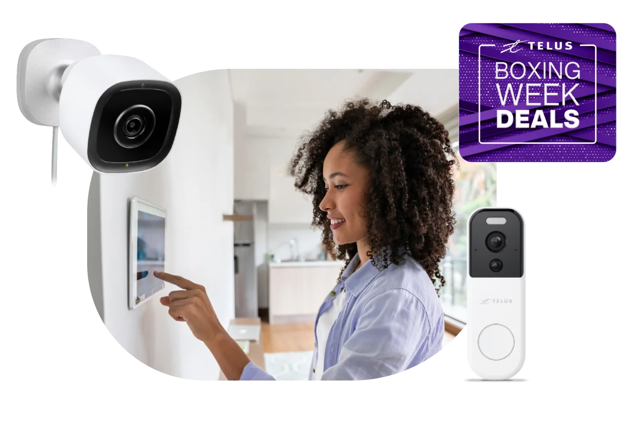 An image showing a woman using her SmartHome security device at home, It also displays various Smart camera models and a roundel that says 'Boxing Week Deals'.