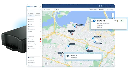 Geotab GPS tracking device with real-time fleet location mapping interface.