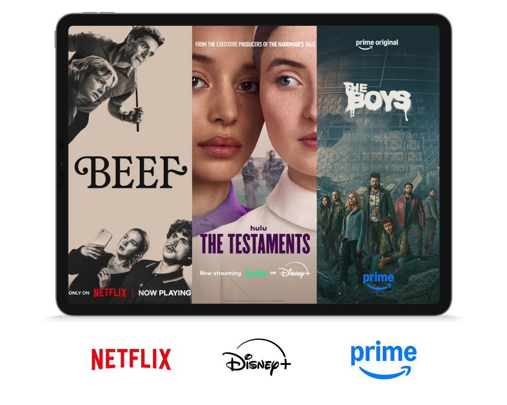 Tablet displaying the posters for Beef, The Testaments and The Boys.