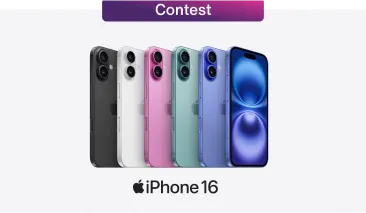 The word “Contest” floats above the back view of five iPhone 16 and the front view of one. They are all in various colours. Beneath them is a logo that reads “iPhone 16”.