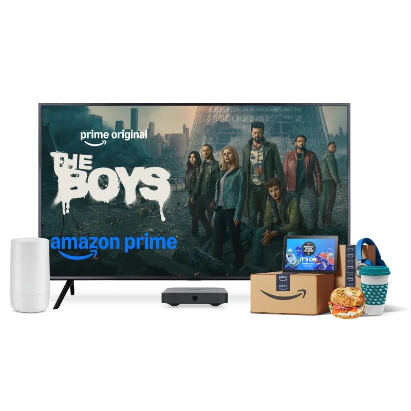 A TV, tablet, TELUS modem, digital box and Amazon parcels. The TV displays the poster for The Boys.