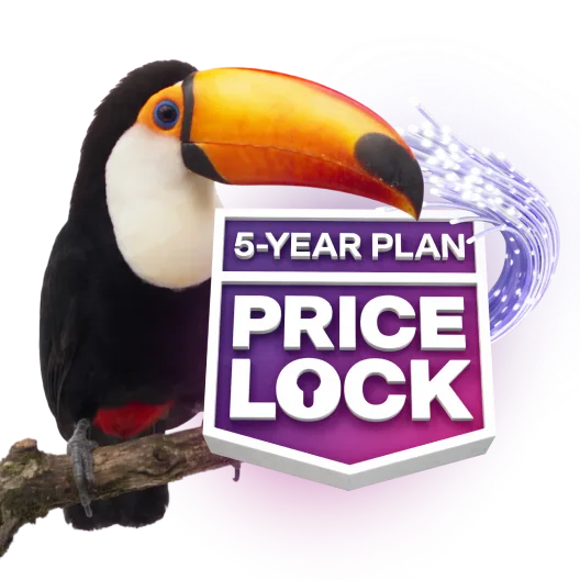 Toucan on a branch next to text reading "5-YEAR PLAN PRICE LOCK" badge.