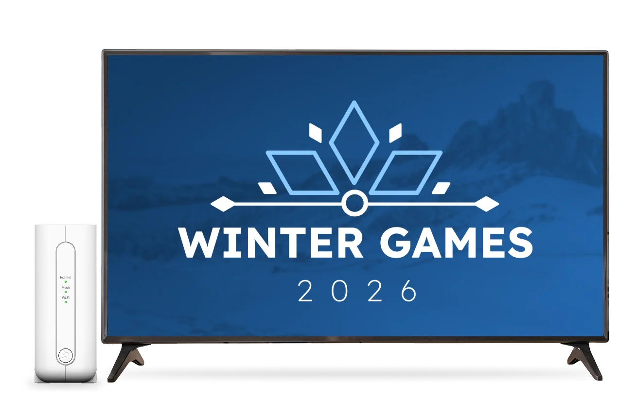 A TV and TELUS modem. The TV screen displays the text “Winter Games 2026”.