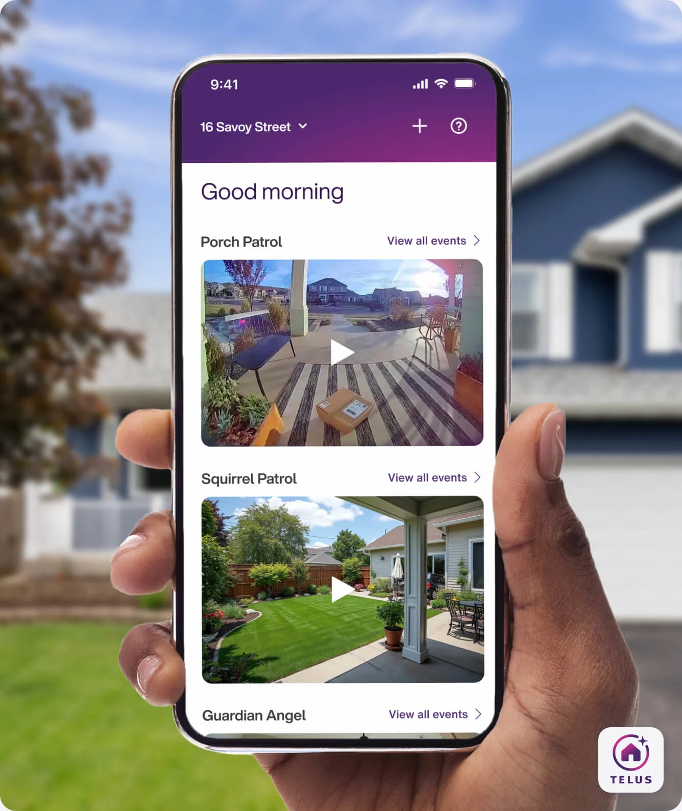 A hand holding the TELUS SmartHome+ app showing the various event notifications the TELUS Outdoor Camera has witnessed from packages, animals, vehicles and doorbell rings. 