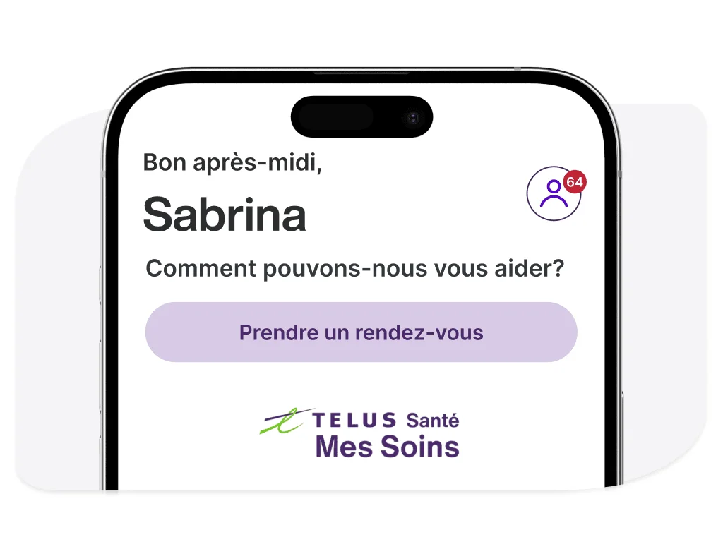 Page d'accueil de l'application mobile Mes Soins TELUS Santé avec l'option « Prendre un rendez-vous ».