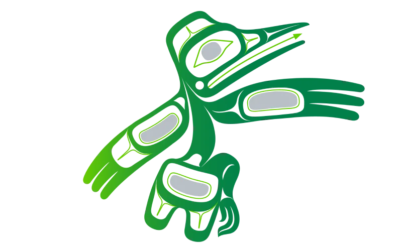 Œuvre d’art haïda représentant un colibri vert, gris et blanc, ou Hldants’iixid, qui symbolise la fin de l’hiver
