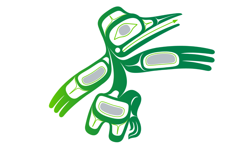 Œuvre d’art haïda représentant un colibri vert, gris et blanc, ou Hldants’iixid, qui symbolise la fin de l’hiver