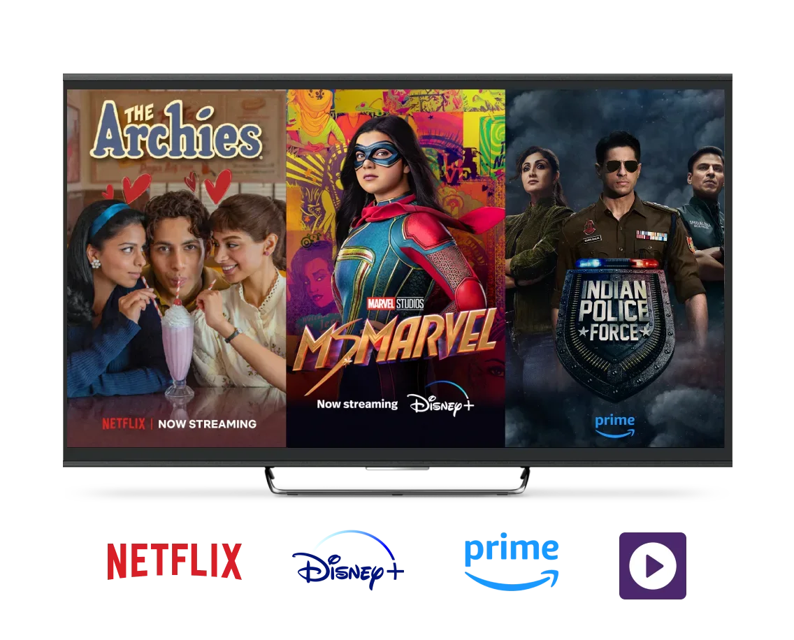 ਇੱਕ TV ਸਕ੍ਰੀਨ ਜਿਸ ਵਿੱਚ ਪ੍ਰਦਰਸ਼ਿਤ ਹਨ Netflix ਦਾ The Archies, Disney+ ਦਾ Ms. Marvel, ਅਤੇ Prime ਦਾ Indian Police Force.