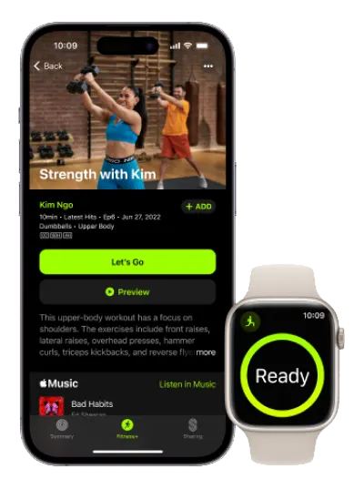 Apple Watch and iPhone showing a Fitness+ virtual workout.