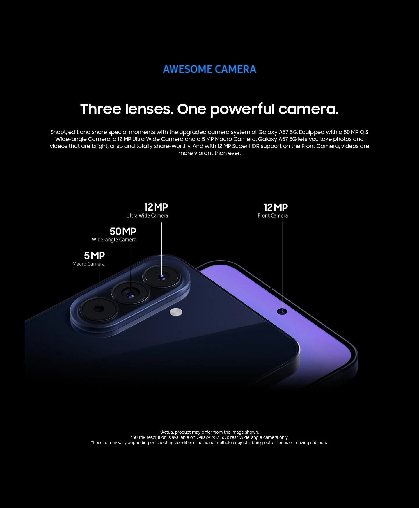 The A57 5G is displayed to highlight its cameras. There are three lenses on the back of the phone with ultra wide and macro shot capabilities.