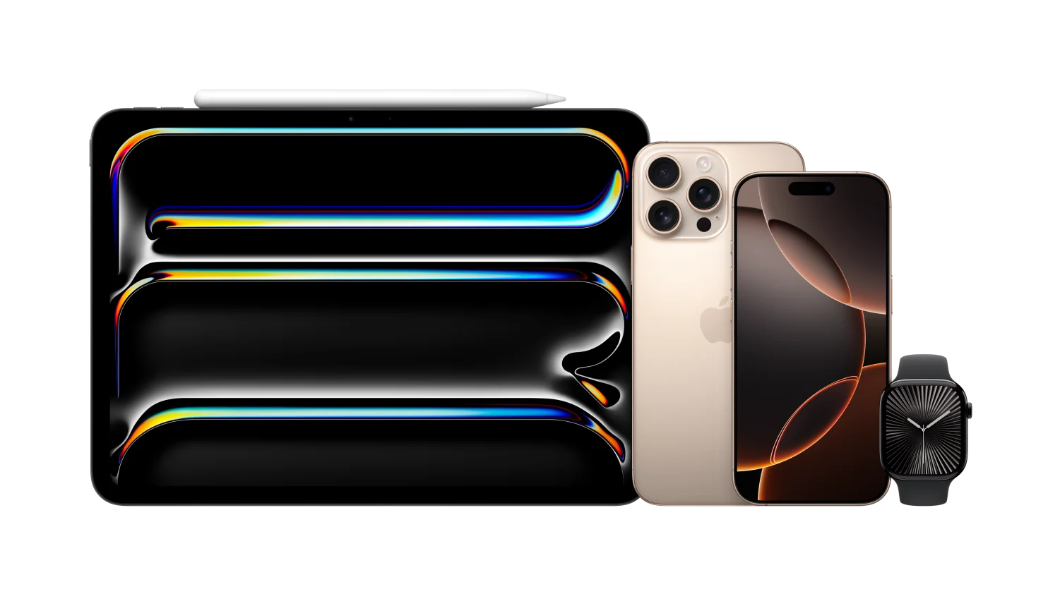 An iPad Pro rests on its side with an Apple Pencil Pro sitting on top of it. To the right, the back view of an iPhone 16 Pro Max and the front view of an iPhone 16 pro, both in Desert Titanium. To the left of that is an Apple Watch Series 10 in Jet Black.