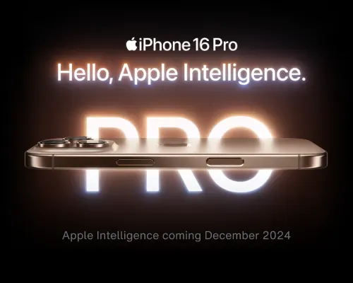 A horizontal side view of the iPhone 16 Pro with the word “Pro” appearing behind it. 