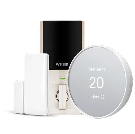 Smart home devices: a Weiser smart door lock, a white door/window contact sensor, and a round smart thermostat.