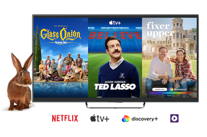 A rabbit with a TV showing popular shows on Stream+ and logos of Netflix, Apple TV+, discovery+ and TELUS TV+.
