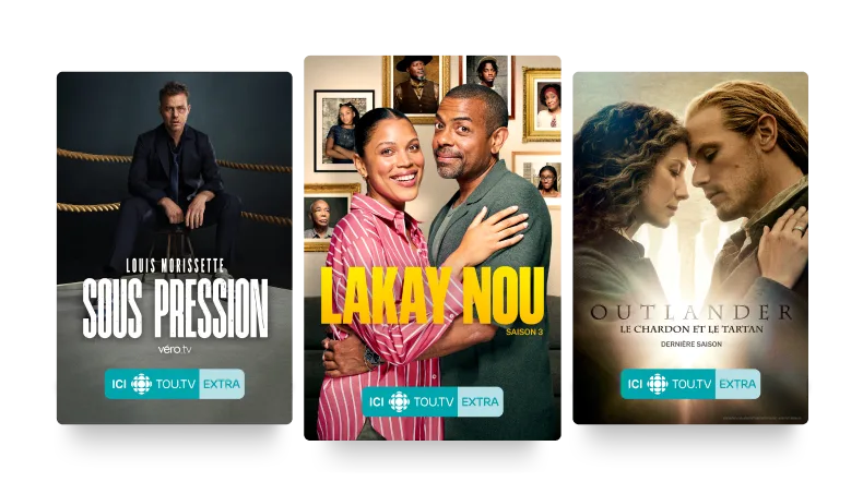 Three posters: Sous Pression, Lakay Nou and Outlander: Le Chardon et le Tartan.