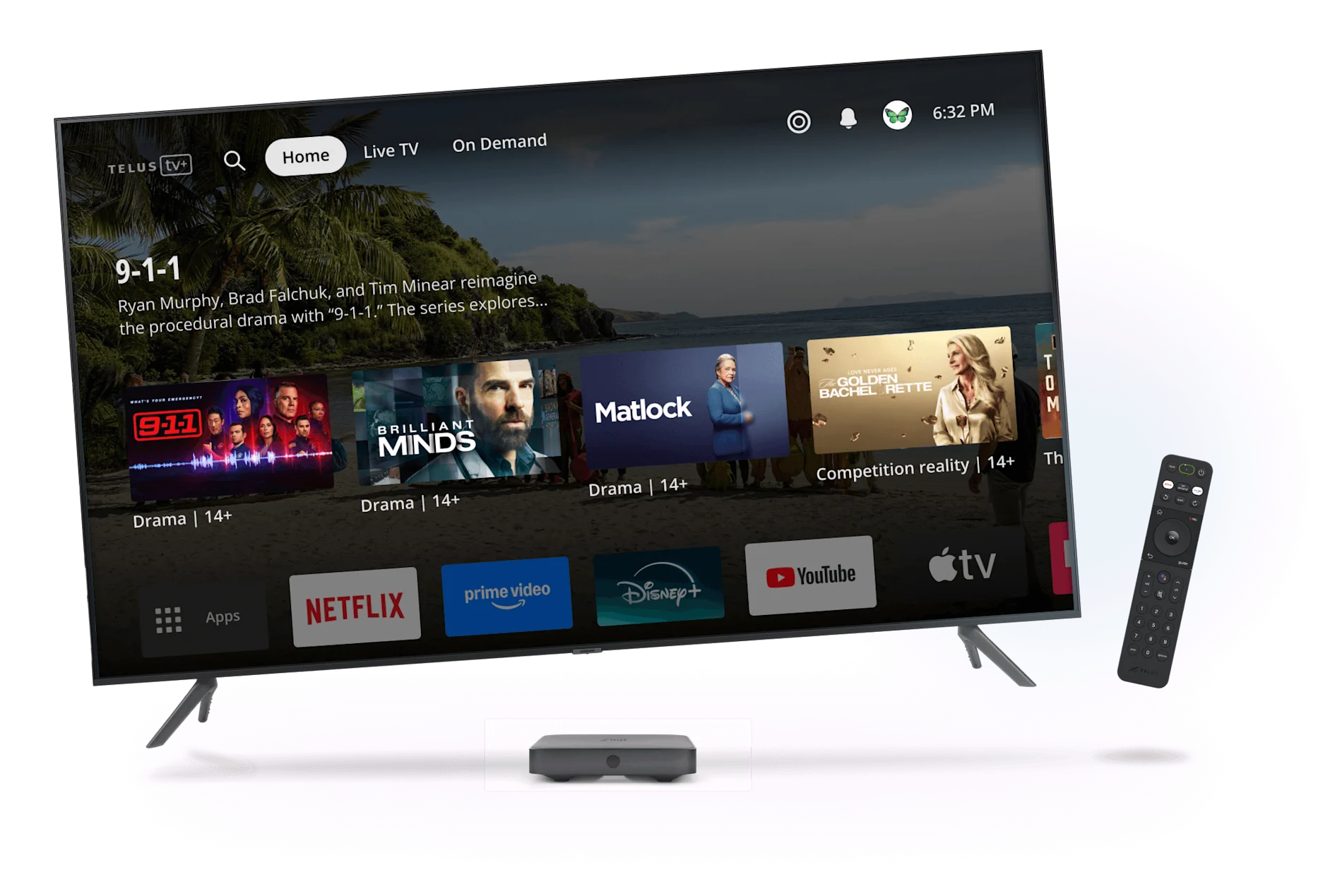 A large TV displays the new Optik TV interface with the new TELUS TV Digital Box and remote