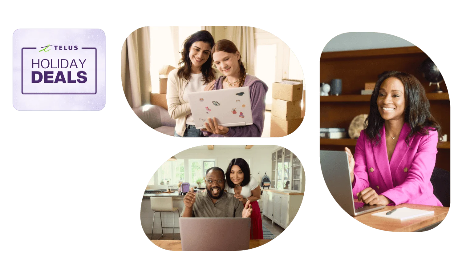 A three-image collage showing TELUS PureFibre customers with laptops: a mother and daughter together, a couple at their desk, and an office worker. A roundel on the top left corner reads: Holiday Deals.