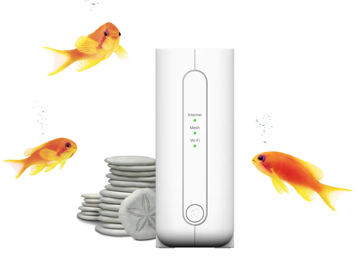 A TELUS modem next to a stack of sand dollars and three orange fish swimming around it.