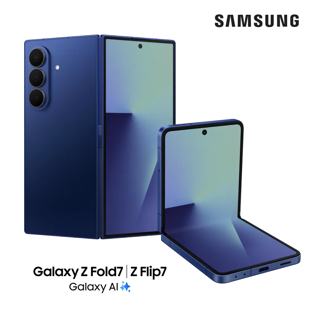 Samsung Galaxy Z Fold7 and Z Flip7 foldable smartphones in blue with Samsung branding.