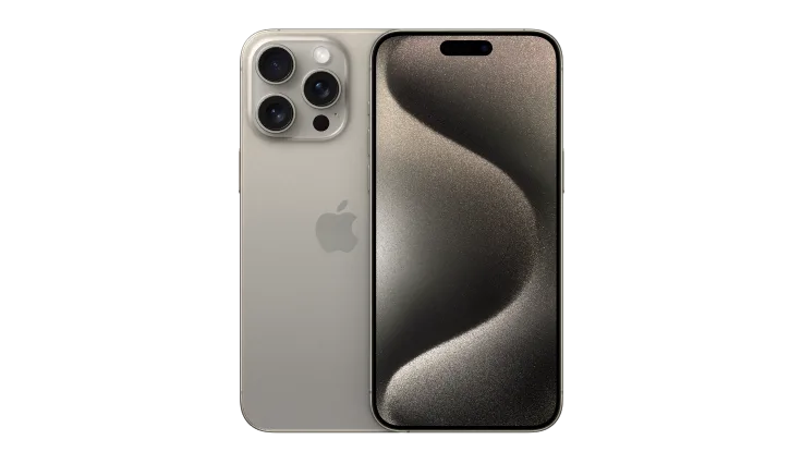 Back and front view of iPhone 15 Pro Max in Natural Titanium.