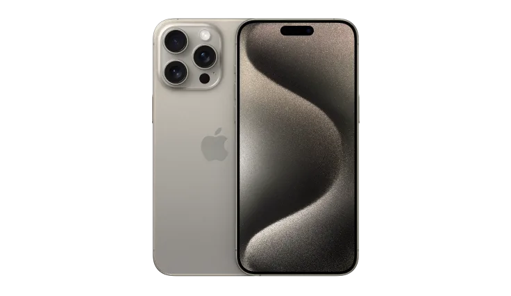 Arrière et avant d’un iPhone 15 Pro Max de couleur Titane naturel.