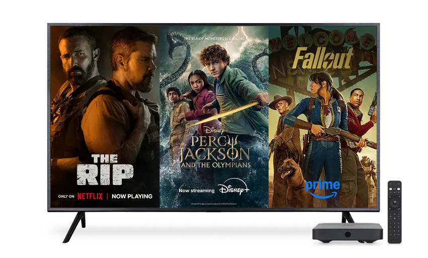 A TV screen displaying the posters for The Rip, Percy Jackson and The Olympians, and Fallout.